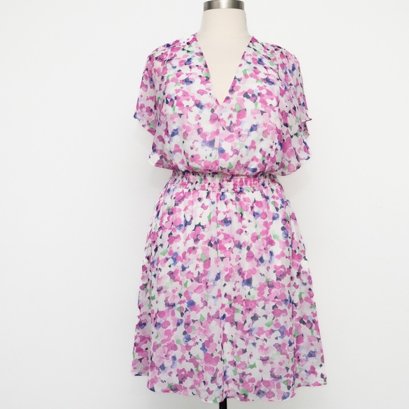 DKNY - Flutter Sleeve V-Neck Floral Chiffon Dress - Picture 2 of 10
